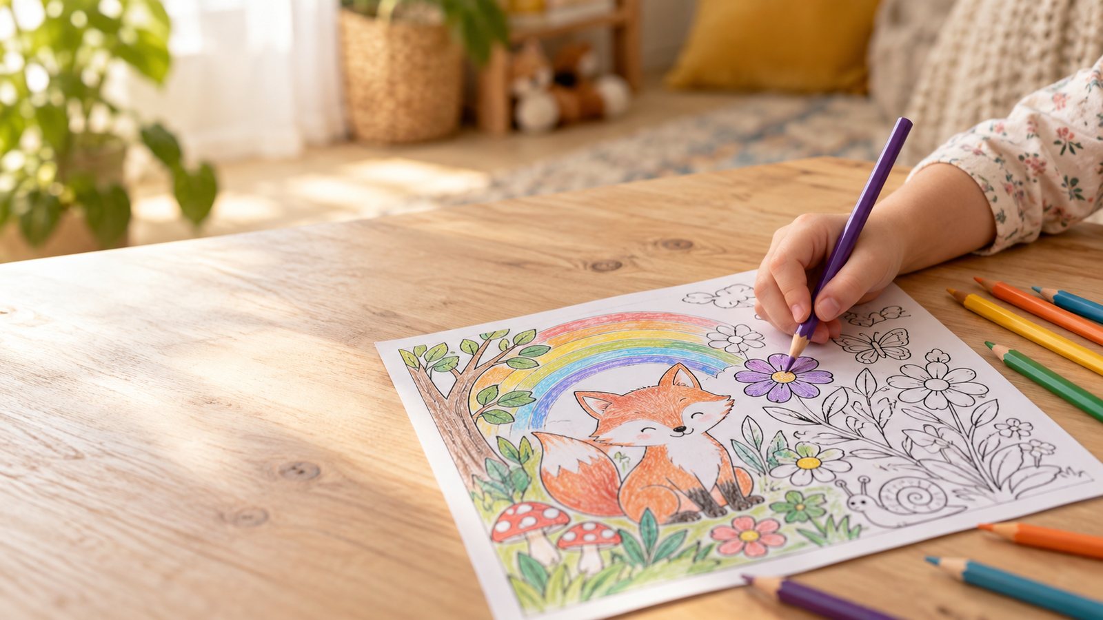 Kinderhand malt mit einem lila Buntstift eine Blume in einem Malbuch aus